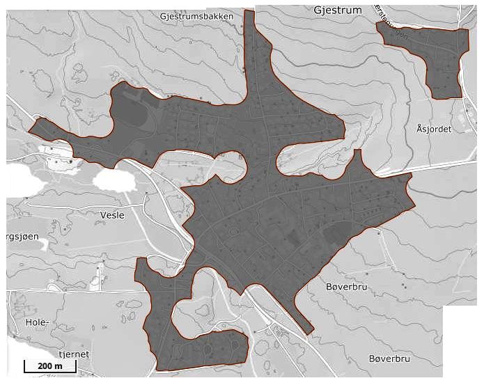 Kart over Bøverbru tettsted 2021. Kilde: Statistisk sentralbyrå, kart.ssb.no/