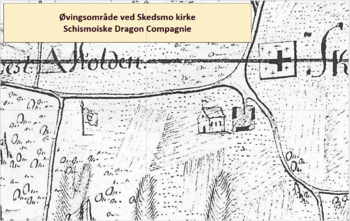 Kartskisse hvor dragonene holdt sine øvelser i forkant av gudstjenestene ved Skedsmo kirke.