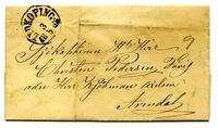 1865: Skipskaptein Christen Pedersen mottar brev fra Lidköping. Brevet er adressert til Christen Pedersen, Fævig, men sendes via kjøpmann Axelsen i Arendal.