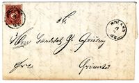 1875: Sogneprest Lars Abraham Qvisling i Fyresdal til sønnen, candidat Jon Laurits Qvisling, i Grimstad. Stemplet Moland 17/4 1875. (Fra egen samling Jarl V. Erichsen)