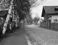 Grensestein nr. 63 og 64 kan ses på hver sin side av Maridalsveien (nær nr. 252) på dette bildet fra 1939. Foto: Fritz Holland, 1939