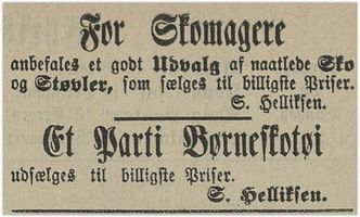 1890: Syvert Helliksen annonserer. Det kan se ut som om annonsen henvender seg til skomakere? Helliksen var skomakermester.