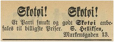 1891: Syvert Helliksen, i Markensgate 13, annonserer smukke, gode og billige skotøy til salgs.