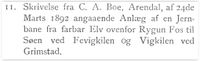 1892: Sakfører C. A. Boe, Arendal, som også eier Lunde gård, foreslår jernbane fra Rykenefossen til Fevikkilen/Vikkilen.