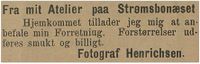 1893: Annonse for Fotograf Henrichsen, Strømsbuneset. (Fra Vestlandske tidende 28/1/1893)