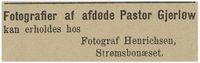 1893: Henrichsen tilbyr fotografier av avdøde pastor Gjerløw. (Fra Vestlandske tidende 1/11/1893)