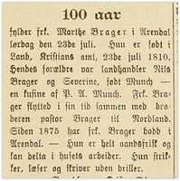 Jubilantomtale - Marthe Brager 100 år (Stavanger Aftenblad 19/7 1910)