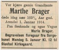 Dødsannonse Marthe Brager (Agderposten 3/1 1914}})