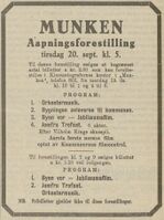 Annonse for Munkens åpningsforestilling 20. september 1921.