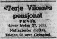 1942: Annonse for terje Vikens pensjonat, fra Agderposten