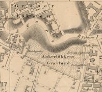 Kart over Østre og Vestre Elvebakke i 1860 viser ei gate som allerede før byutvidelsen var fullt utbygd. Vi kjenner igjen en del av husa fra bildet fra omkring 1870. Foto: kart: J.W.G. Næser/Oslo byarkiv (1860)