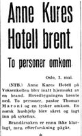 Notis om brannen, Aftenposten 3. mai 1941.