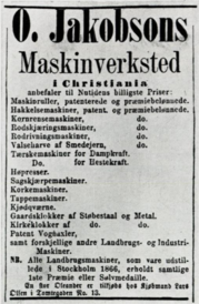 Annonse som viser verkstedets produktutvalg. Foto: Morgenbladet (1866).