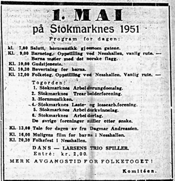 Annonse fra 1. mai-komiteen på Stokmarknes i Folkeviljen 28.04.1951.jpg
