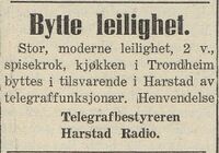 Flere av betjeningen på Harstad Radio kom utenbys fra. Annonse i Folkeviljen 3. juli 1946.