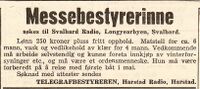 Harstad Radio ble også brukt som kontakt for søkere til jobben som messebestyrerinne på Svalbard Radio. Lofotposten 25. april 1947