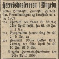 38. Annonse fra Herredskassereren i Ringebu i Gudbrandsdølen 22.04.1909.jpg