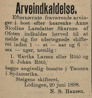 20. Annonse fra Ofotens skifteræt i Tromsø Amtstidende 30.06. 1898.jpg