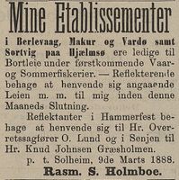 2. Annonse fra Rasmus S. Holmboe i Tromsø Stiftstidende 03.11.1888.jpg