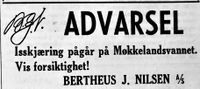 nnonse fra firma Bertheus J. Nilsen, Harstad 23. januar 1958, som forteller oss at så sent som 1958 var isdrifta igang i Harstad-området. Møkkelandsvannet er ca. 5. km. kjøretur fra Harstad sentrum.{{bylineHarstad Tidende}}