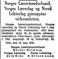 60. Annonse fra lærerlaga i OSLO-PRESSEN 11. mai 1945.jpg
