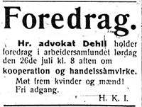 43. Annonse om advokat Ole Dehlis foredrag på Arbeidersamfundet i Harstad Tidende 24. juli 1913.jpg