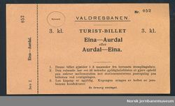 Turistbillett Eina-Aurdal på Valdresbanen. Ukjent/Norsk Jernbanemuseum