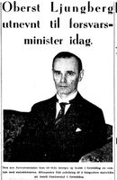 Fakimile Aftenposten 22. desember 1939: utnevnelse av Ljungberg til forsvarsminister.