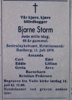 Dødsannonse for Bjarne Storm i Aftenposten 13. juli 1979.