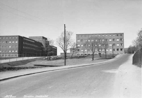 Blindernveien i 1939. Fysikkbygningen fra 1935 til venstre, Farmasibygningen fra 1932 til høyre. Foto: Anders Beer Wilse