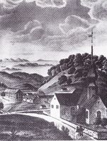 Litografi fra omkring 1840, før riving og nybygging av kirken. Ukjent kunstner.