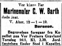 Carl Wilhelm Bøckmann Barth, dødsannonse, Aftenposten 14. januar 1919.