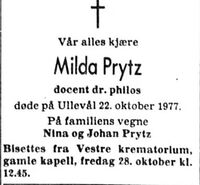 Dødsannonse for Milda Prytz, Aftenposten 27. oktober 1977.