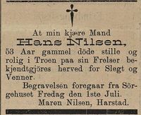 19. Dødsannonse for Hans Nilsen i Tromsø Amtstidende 30.06. 1898.jpg