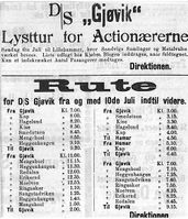 Rutetider for den nye D/S «Gjøvik», sommeren 1902. Rutetabellen viser at Kise ble anløpt 8.30, med ankomst på Gjøvik 9.20. Klokka 15.30 returnerte båten til Kise, og gikk derfra videre til Hamar.
