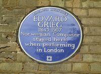 Plakett ved 47 Clapton Common i det sørlige London som forteller at Grieg hadde tilhold her. Foto: Stig Rune Pedersen