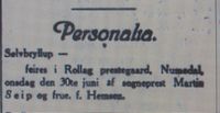 Faksimile i Aftenposten 25. juni 1915: notis om sølvbryllup hos ekteparet Seip på Rollag presetgård.