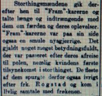 Faksimile fra Aftenposten 1912: Mannskapet på Fram møtte Anna Rogstad på Stortinget.