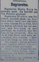 Faksimile fra Aftenposten 4. nov. 1919: Omtale av Martin Fredrik Seips gravferd fra kapellet ved Vår Frelsers gravlund i Oslo.