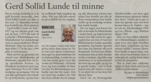 Gerd Sollid Lunde til minne nekrolog i Vårt land, fredag 20. desember 2013, s. 19.png