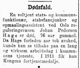 Faksimile fra Aftenposten 13. mai 1925; notis i anledning bortgangen til Johan Pedersen Hage.