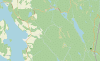 Kart over Marker der skogsbilveien tar av fra Rømskogveien ved Hølvannet og passerer Ulvevannet på vei mot grensen der Orderudseter ligger tett inntil på norsk side.