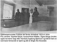 Kjøkkenpersonale på Foldsæ landbruksskule 1923-1924. Truleg i kjøkkenet, med utgangsdøra mot nord.