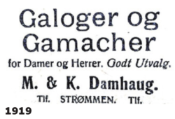 Søstrene Marie og Karoline Damhaug startet i 1911 manufakturbutikk i Suphammergården. Der kunne man også få kjøpt kalosjer og gamasjer. Kilde Romerikes Blad.