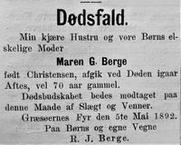 5. Maren G. Berge dødsannonse i Menneskevennen 21. 05. 1892.jpg