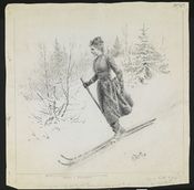Penne- og tusjtegning. En kvinne på ski i skogen. Tegningen forestiller antagelig Eva Nansen (1858-1907).