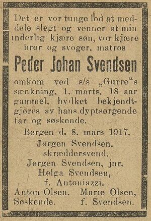 Peder Johan Svendsen dødsannonse Bergens tidende 1917-03-08.JPG