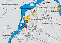 Sagdalen - Mølleområdet. Kartskisse 1950. Rød markerer murbygninger, gul trebygninger med næringsvirksomhet.