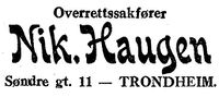 Nik. Haugen, overrettssakfører med kontor i Søndre gate 11. Annonse i Leksværingen, 18/1940.