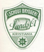 Etikett, Schous bryggeris landsøl. Hentet fra Schous bryggeris jubileumsbok (1921). Her ses CS i logoen.